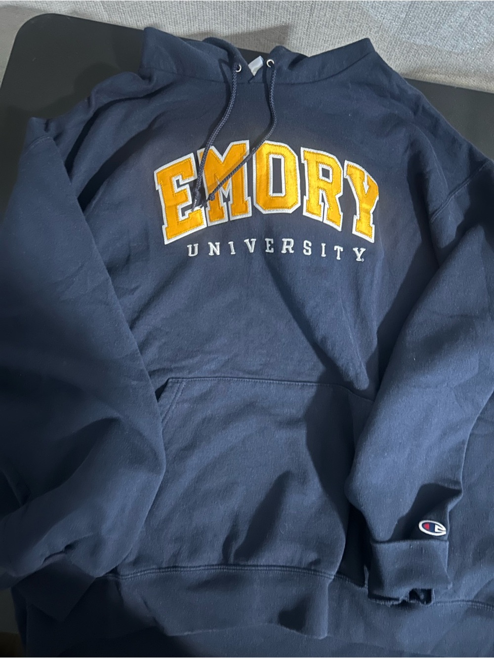 Champion Emory University XXL Hoodie Navy Blue Gold Embroidered Sweatshirt NCAA
